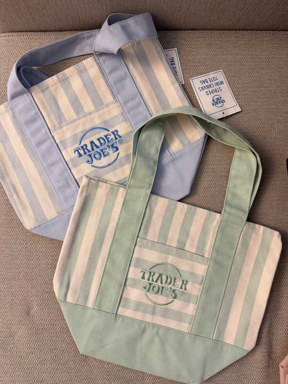 Trader Joe's Striped Canvas Tote Bag - Mint and Light Blue